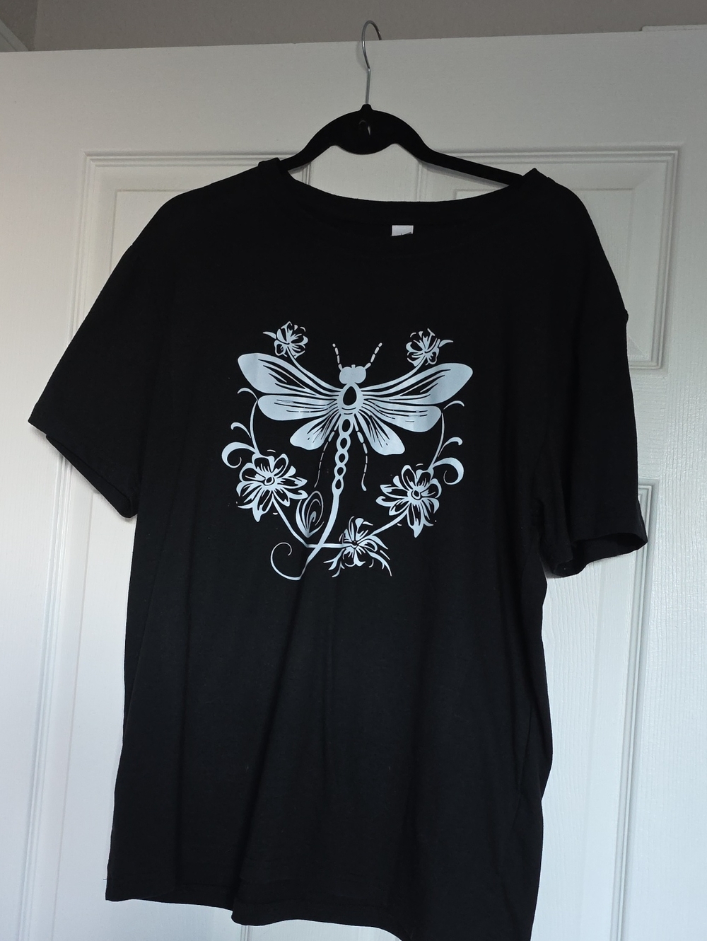 Black Graphic T-Shirt with White Dragonfly Print